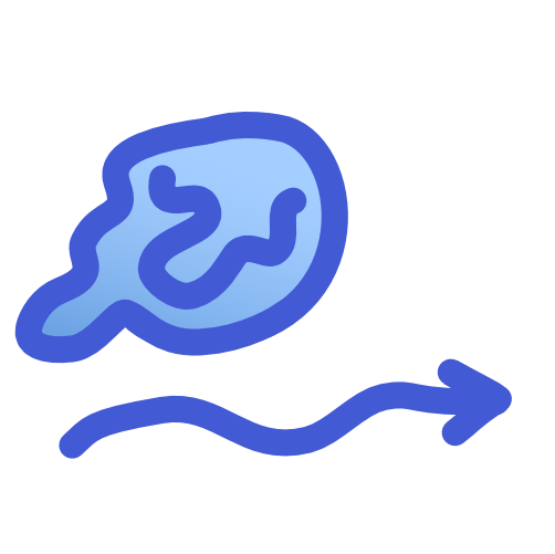  a drippy blue circle, its drips trailing behind it, with a wavy blue arrow below it.